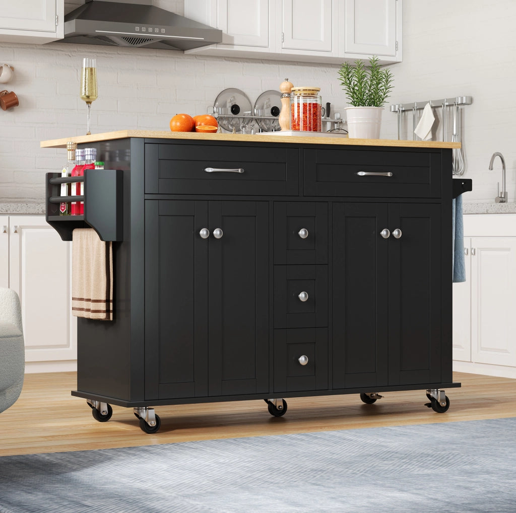 Carrello cucina mobile nero/naturale con piano pieghevole e cassetti