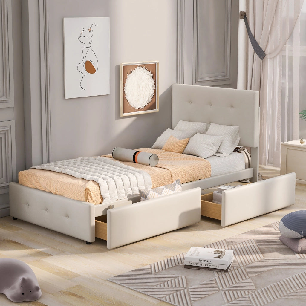 OKWISH Letto con Cassetto 90×200 cm, Letto Singolo con Testiera Imbottita e 1 Cassetto, senza Materasso, in Velluto, Beige