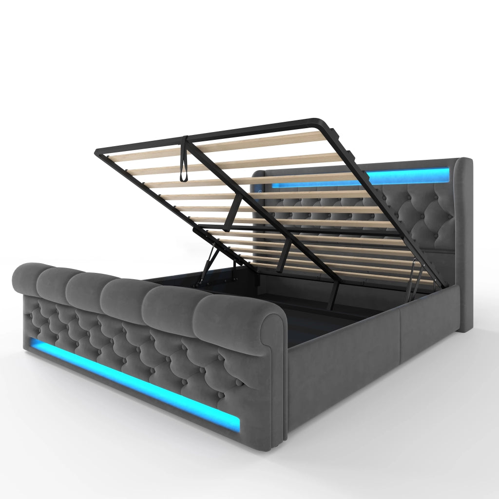 Letti contenitori 140x190 cm; LED integrato; ricarica USB e Type C; velluto; grigio (Senza materasso)
