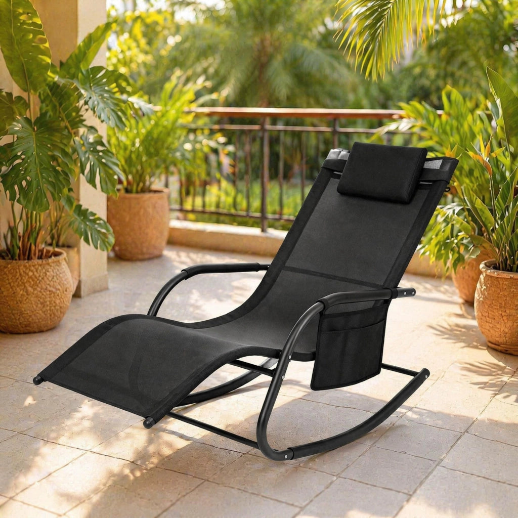 Sedia a dondolo da esterno in metallo e poliestere nero 152x83x62 cm con tasca laterale