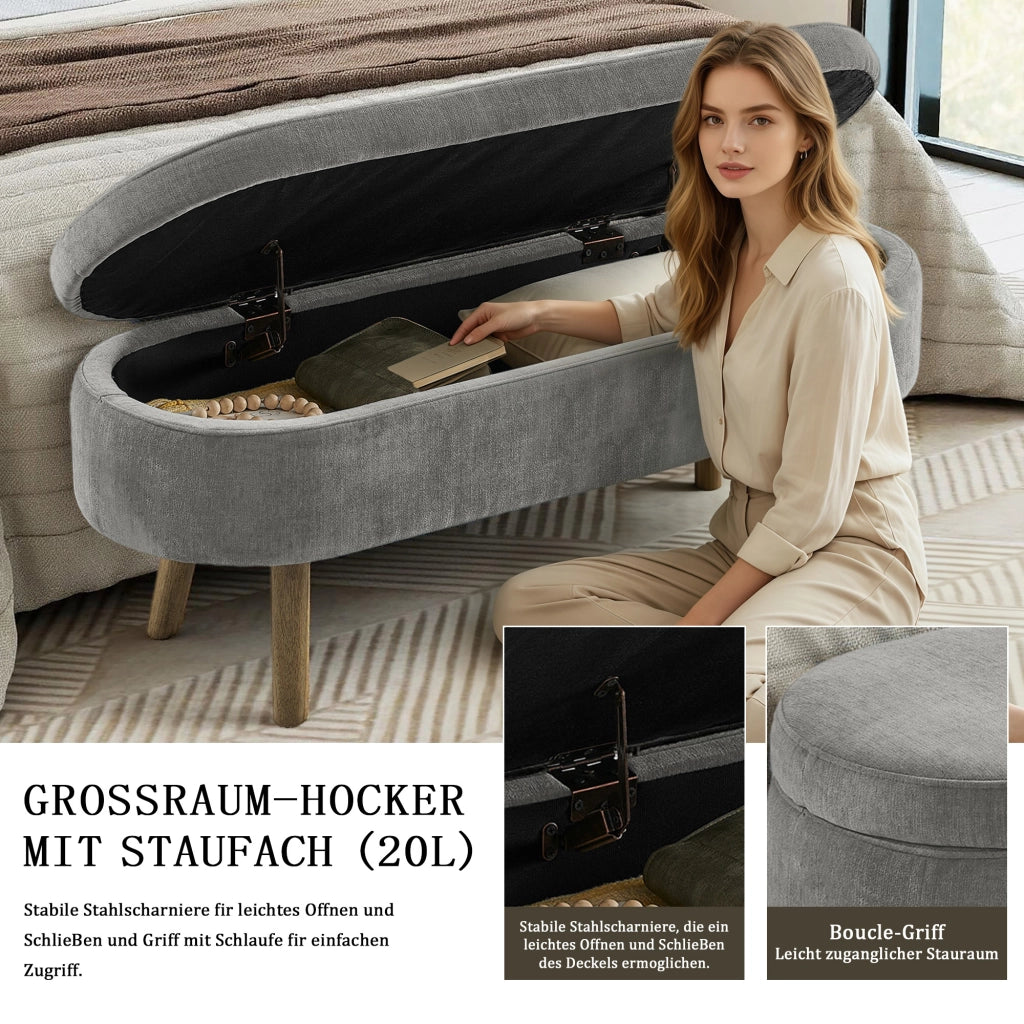 Panca Contenitore Multifunzionale ¨C MINIMAL ¨C Tessuto Chenille Grigio Scuro, Legno Massello, 110x40x42