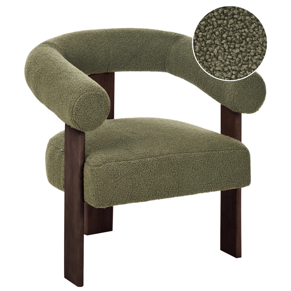 Poltrona verde e marrone scuro con rivestimento in bouclé design retrò gambe in legno per soggiorno