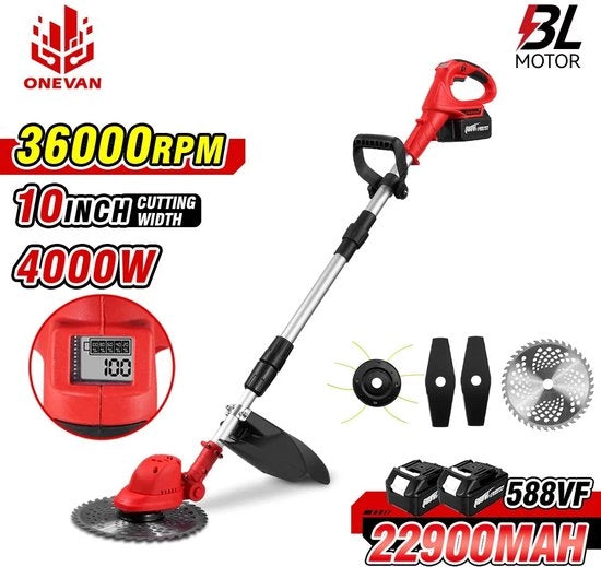 Tagliaerba a batterie - Incluso 2 batterie e caricabatterie - Per erbacce - Tagliaerba a mano - Tagliaerba a lama inclinabile - Rosso