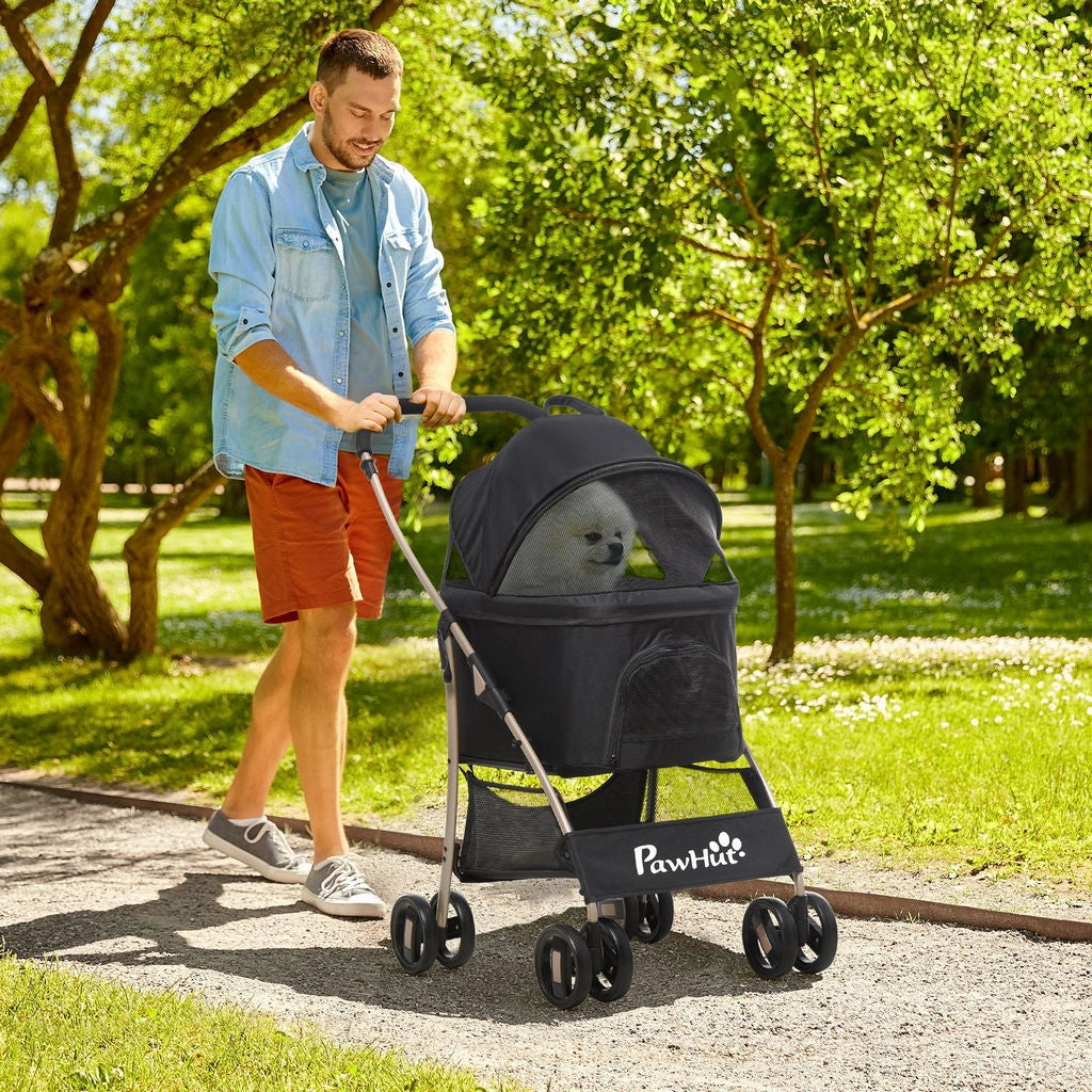 PASSEGGINO PER CANI PIEGHEVOLE CON TRASPORTINO RIMOVIBILE E TETTUCCIO, 82X49.5X98CM, NERO