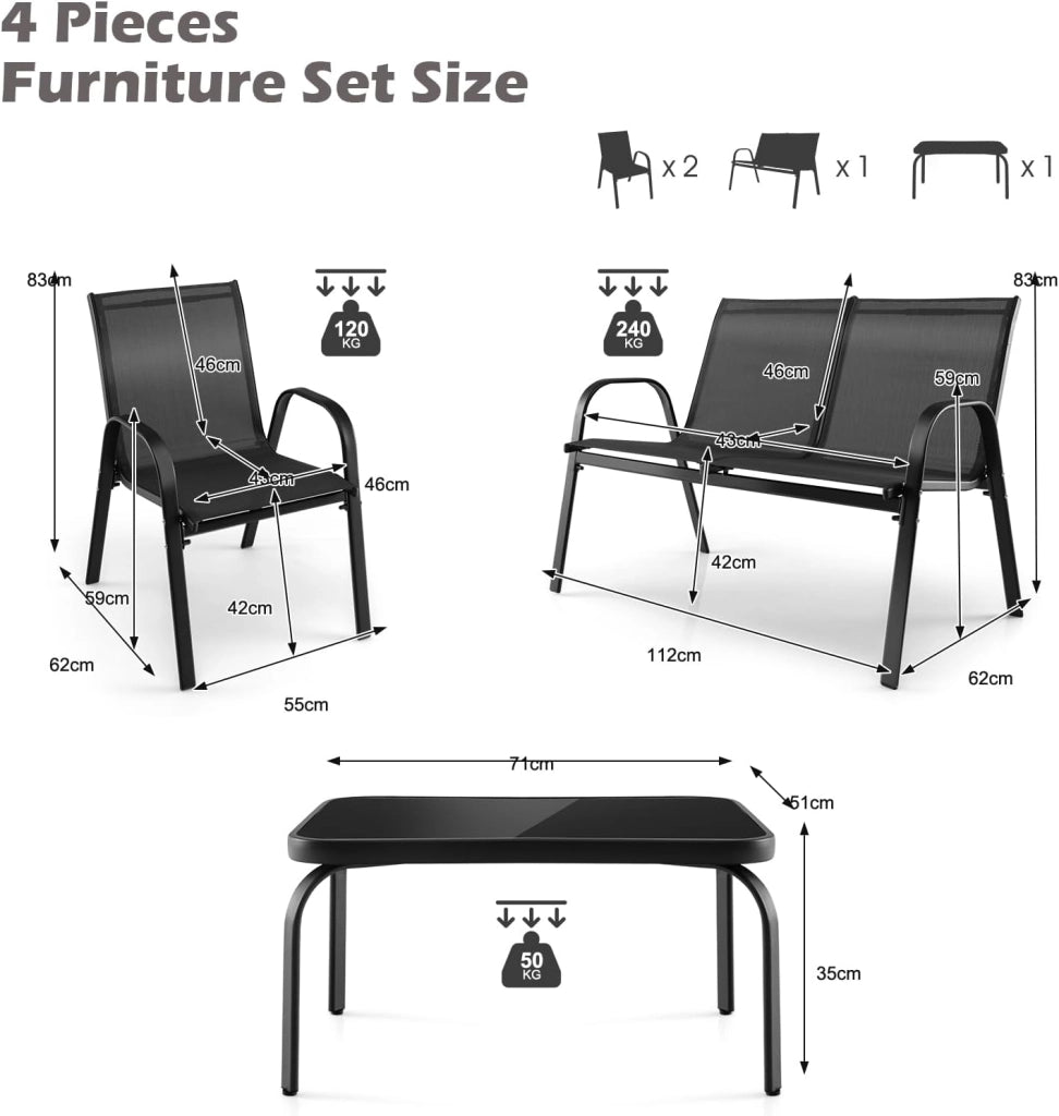 Set di 4 mobili da giardino per 4 persone, set da giardino con 2 sedie e 1 panca e 1 tavolino da caffè, set di mobili da terrazza per balcone, cortile, piscina