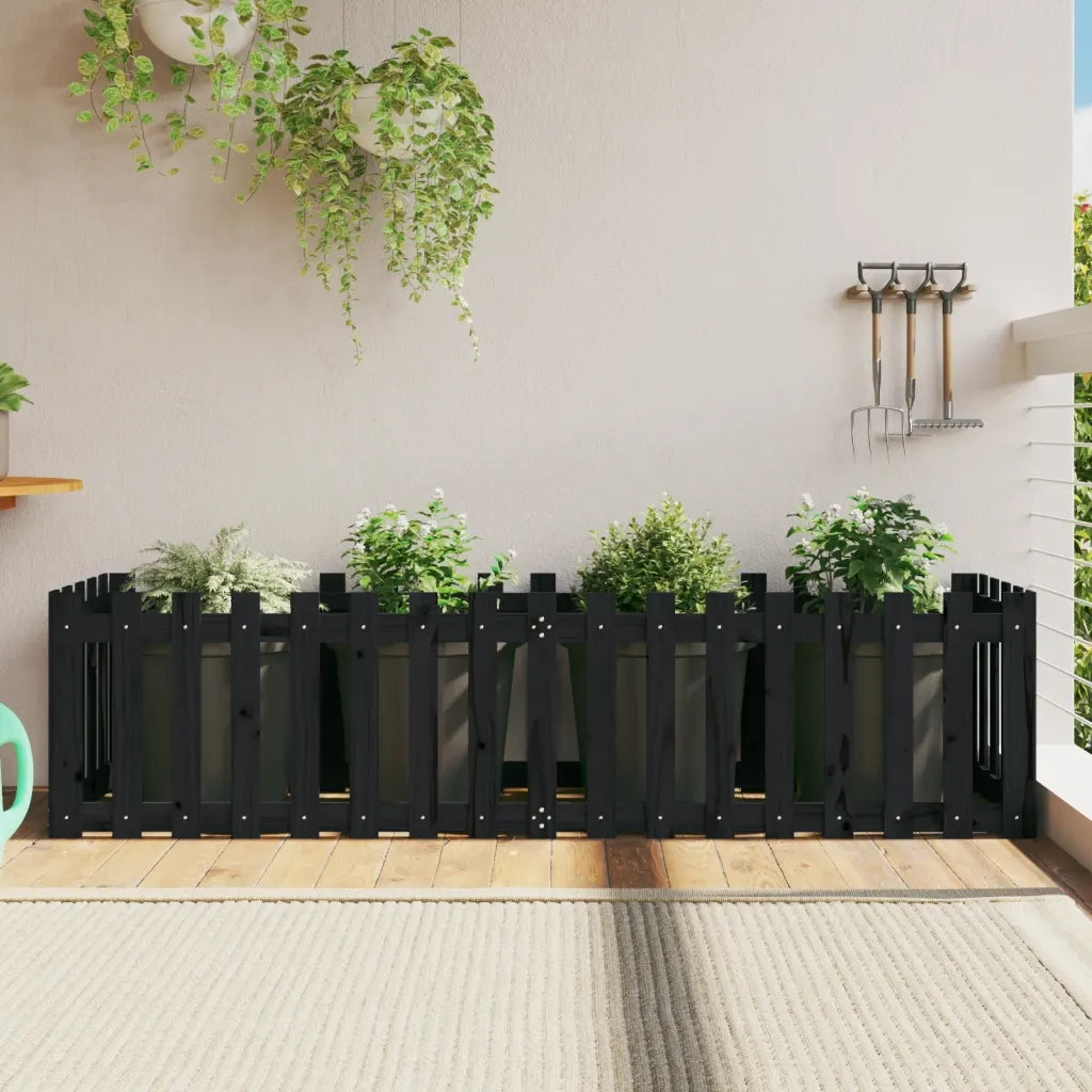 Fioriera Giardino a Recinzione Nera 200x50x50cm Massello Pino