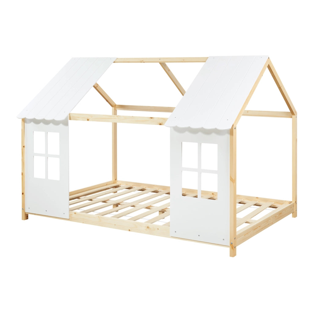 Letto Tostedt per Cameretta a Forma di Casetta Semiaperta 140 x 200 cm Naturale / Bianco [en.casa]
