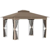 Gazebo da Giardino con Zanzariera, Doppio Tetto e Struttura Metallo, 3.7x3m Marrone e Beige