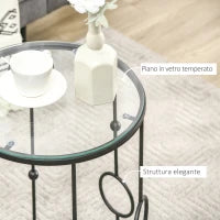 Set di 2 Tavolini da Caffè Impilabili in Metallo e Vetro Temperato Ø41x57cm e Ø36x51cm, Nero
