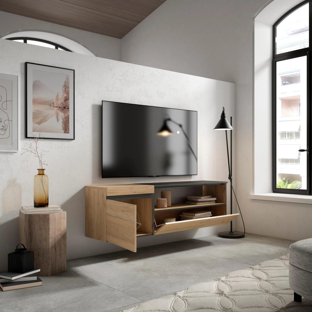 Mobile TV Soggiorno, 150x35x45cm, Per TV fino a 65", da appendere, colore Rovere e nero RF2435