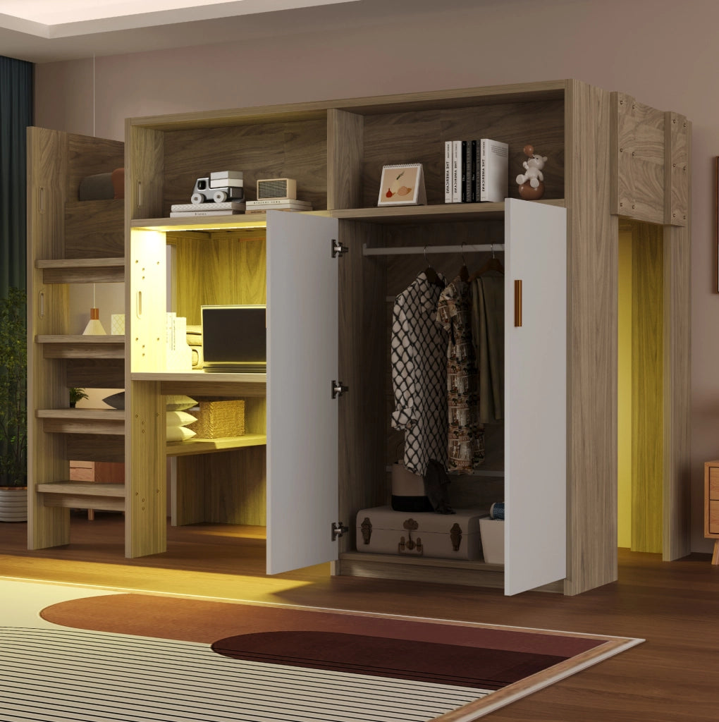 Hochbett multifunzionale 90x200 cm in legno naturale con scrivania; armadio; scaffali e LED