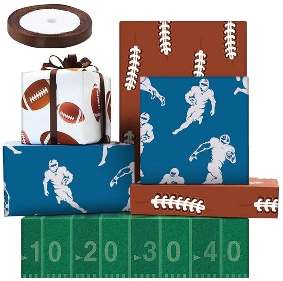 Pacco di regalo sportivo - Cadeaupapier per festa di compleanno - Carta da imballo con tema rugby - 50x70cm per rotolo - Carta da imballo premium lucida
