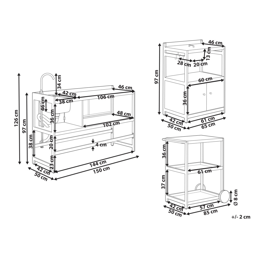 Set di 3 elementi per cucina all'aperto Bianco Alluminio Armadio di stoccaggio Isola Lavello Carrello Stazione di cucina all'aperto