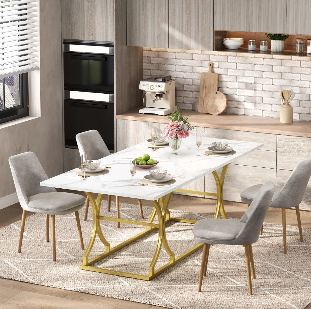 Tavolo da pranzo effetto marmo 200x80 cm bianco e oro