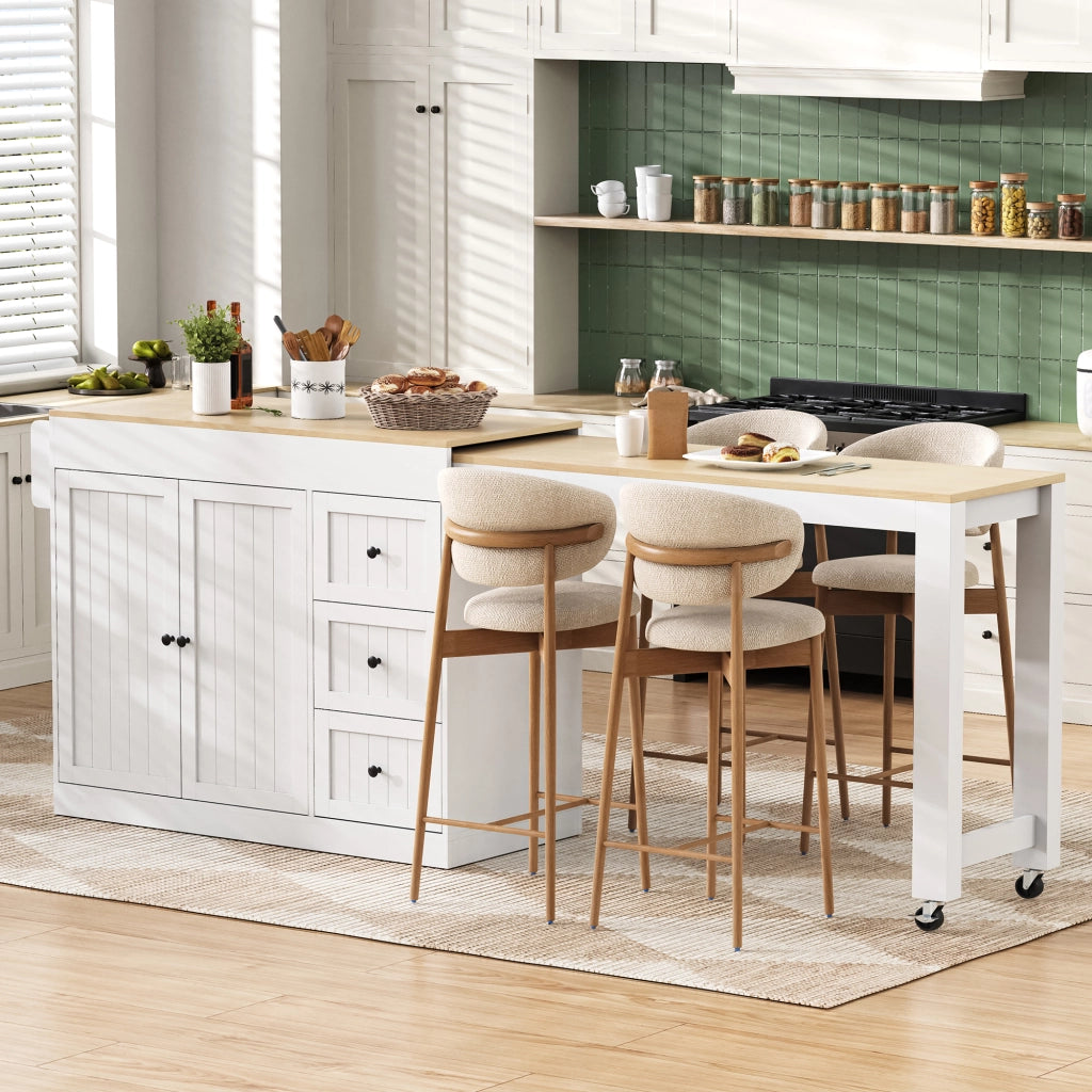 Isola da Cucina con 3 Cassetti; Portaspezie e Piano Estensibile con Ruote; in MDF; Bianco; 112-186.8 x 45 x 93 cm