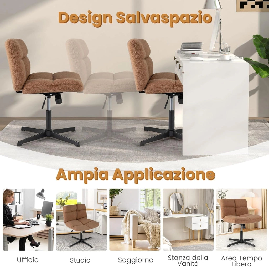 Sedia da Scrivania senza Braccioli, Sedia da Ufficio a Gambe Incrociate, Altezza Regolabile, Girevole a 360°, Tessuto Morbido, Ampia Seduta Imbottita, per Soggiorno Ufficio (Marrone)