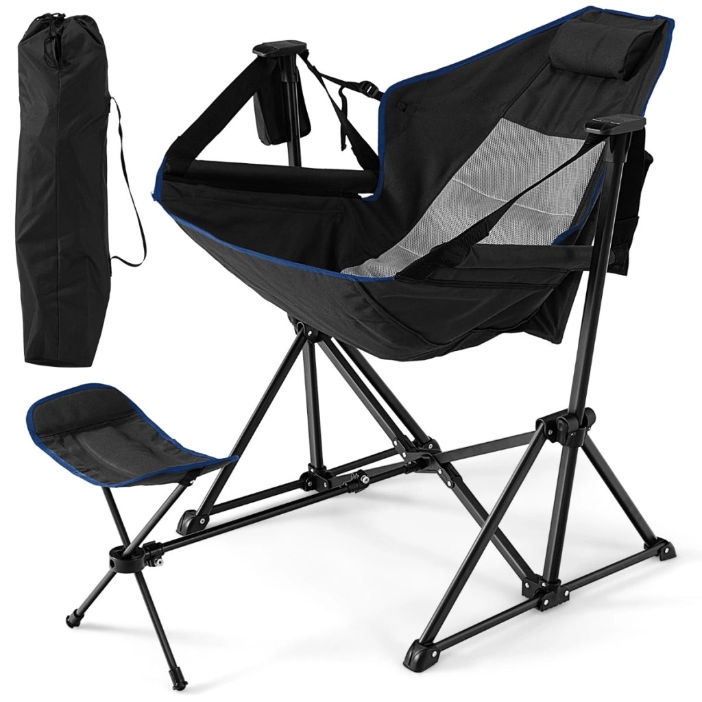 Amaca da campeggio con poggiapiedi retrattile borsa da trasporto, Sedia pieghevole da picnic oscillante Nero-Tavoli e sedie da campeggio