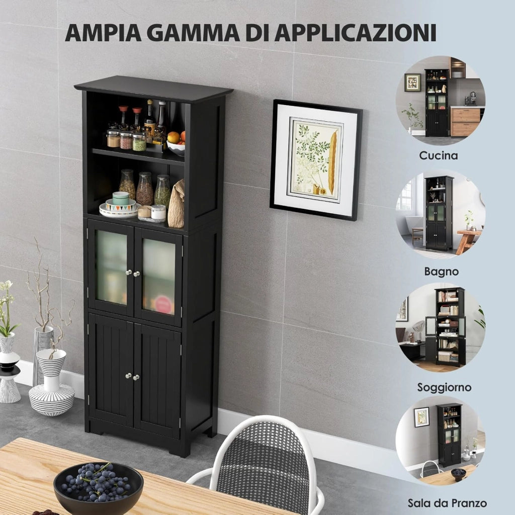 Armadio da Bagno, Mobiletto Alto da Terra con 2 Armadietti e Ripiani Regolabili, con Ante in Vetro, Mobile Portaoggetti Multiusi per Bagno e Soggiorno, 60x30x163 cm (Nero)