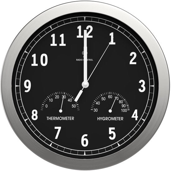 Cronografo a muro senza ticchettio, grande orologio da cucina, orologio a muro radiocomandato per bagno, ufficio, home office, soggiorno, silenzioso con indicazione di umidità e temperatura (30,5 cm, nero/argento)