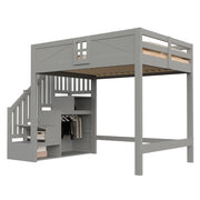 Letto a soppalco 140×200 cm con scala laterale; ripiani e barriera di sicurezza; senza materasso; legno; grigio