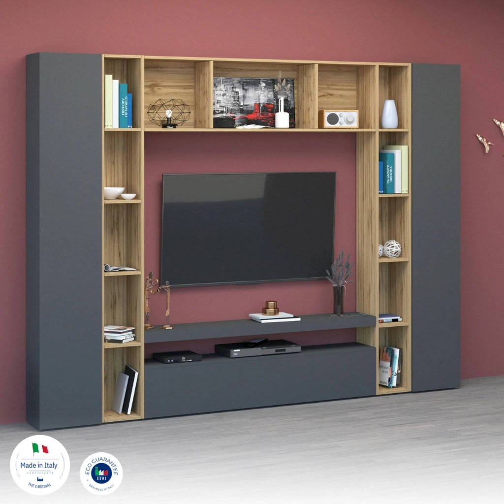 Parete attrezzata Austis, Set salotto porta TV a 3 ante, Mobile soggiorno multiuso, 100% Made in Italy, cm 270x35h210, Antracite e Rovere
