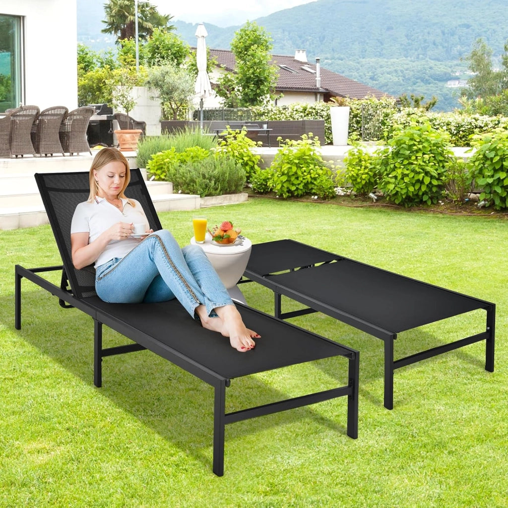 Lettino con schienale regolabile a 6 livelli, sedia reclinabile in tessuto con struttura in metallo, lettino da esterno con carico di 150 kg, per giardino, spiaggia, piscina