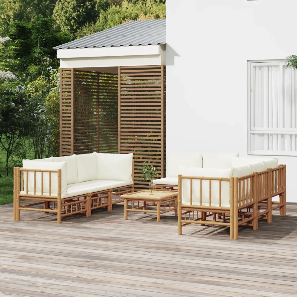 Set Salotto da Giardino 9pz con Cuscini Bianco Crema in BambÃ¹