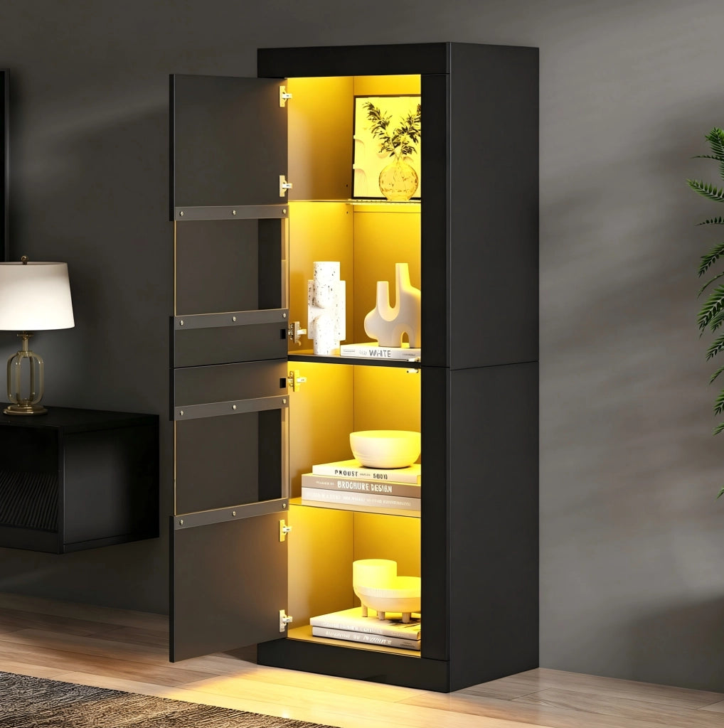Vetrina nera con illuminazione LED e ripiani in vetro