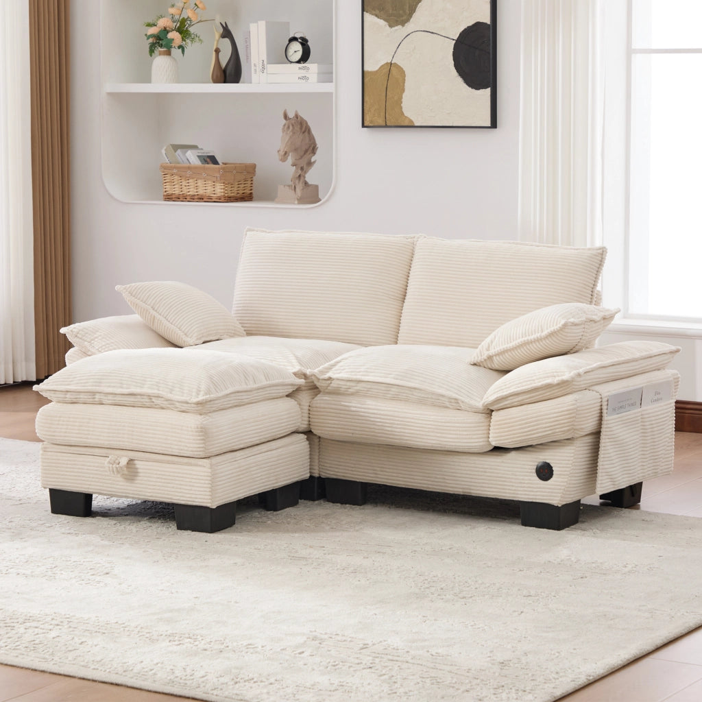 Divano 2 posti in velluto a coste beige con pouf e USB-C