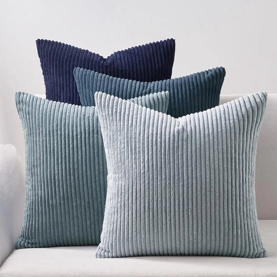 Set di 4 cuscini in corduroy 60x60 cm blu decorativo per divano, camera da letto, soggiorno e balcone.
