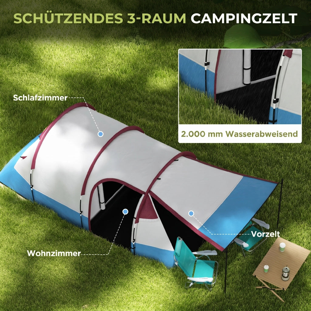 Tenda da campeggio per 2 persone, impermeabile 2000 mm, con 3 ingressi e gancio lanterna, robusta e portatile, rosso