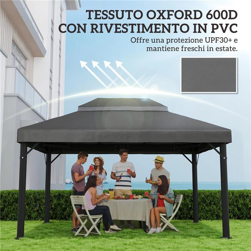 COPERTURA PER GAZEBO DA GIARDINO 3X4 M A 2 LIVELLI IN TESSUTO OXFORD 600D CON FORI DI DRENAGGIO, GRIGIO SCURO