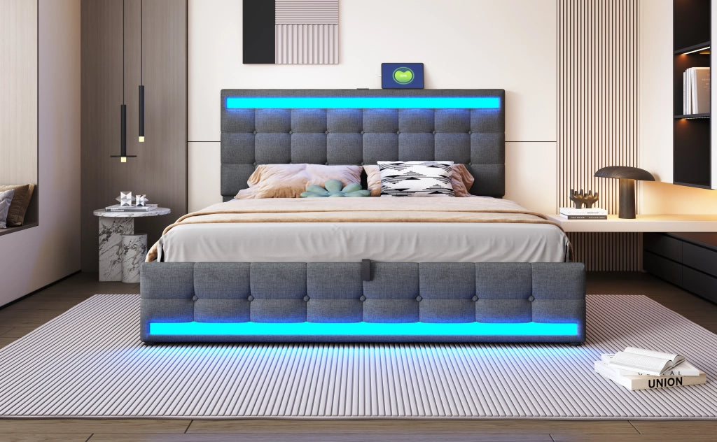 DESMIU Letto Adulto 180 × 200 cm 2 Posti con LED Regolabile, USB e Testiera Regolabile, Senza Materasso, Grigio