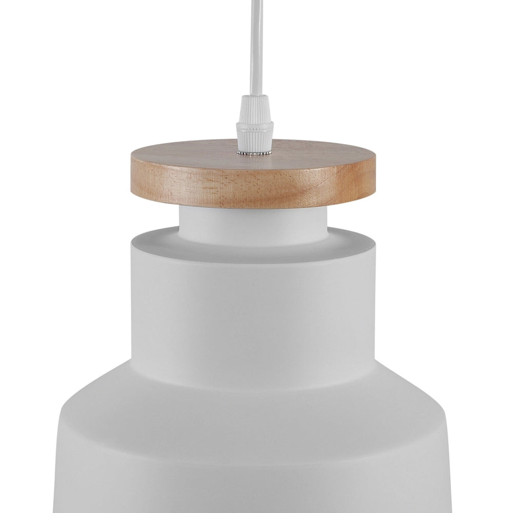 Lampadario in Metallo Bianco e Legno con Paralume a Forma di Cilindro