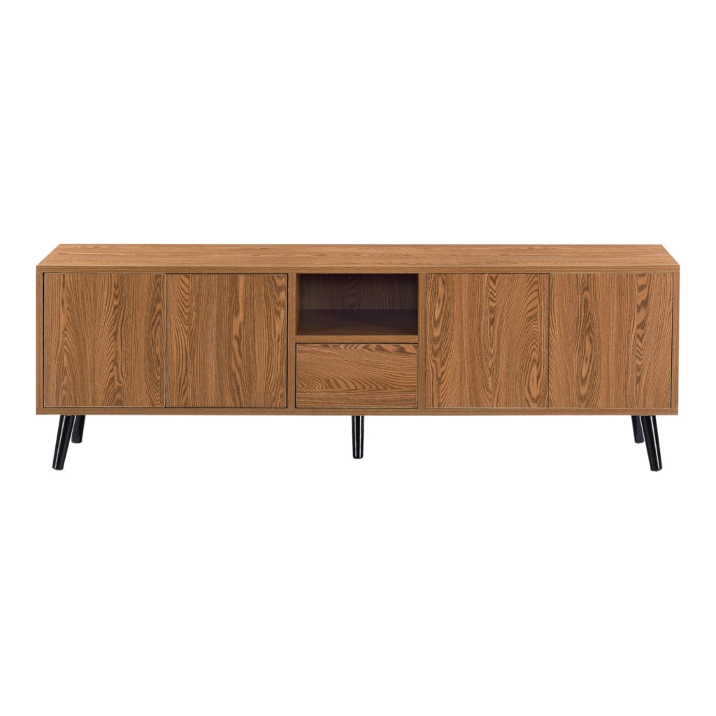 Mobile Porta TV con 5 Ante e 1 Scomparto, Apertura Push-to-Open Mobiletto Multiuso per Camera/Ufficio Armadietto su Piedini in Legno Massiccio Consolle 140x30x45,5 cm - Effetto Legno Scuro