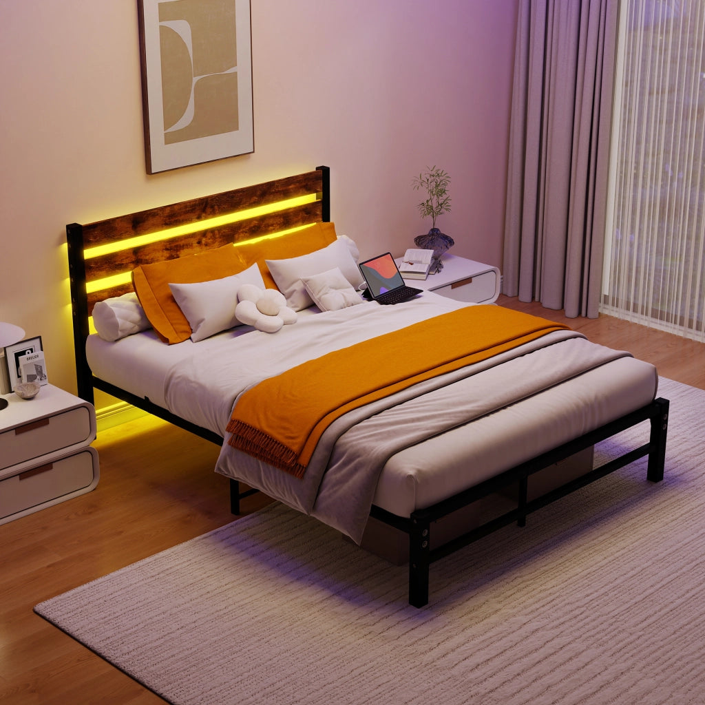 Letto in metallo con USB LED 140x200 cm MDF marrone e metallo