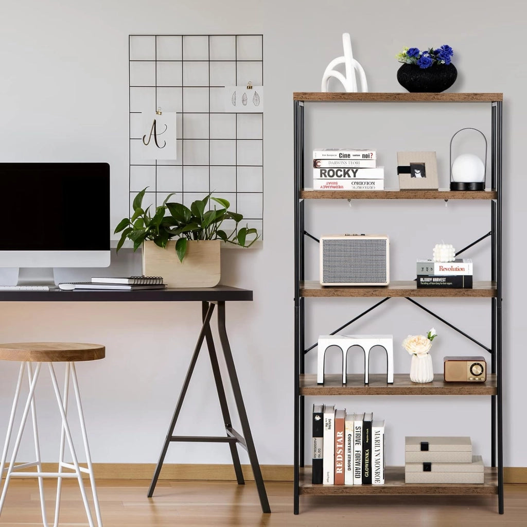 Libreria a 5 Piani, Scaffale Industriale in Legno con Struttura in Metallo, Aste di Sostegno a X Dispositivo Antiribaltamento, per Soggiorno Ufficio, 79x35x160 cm (Marrone)