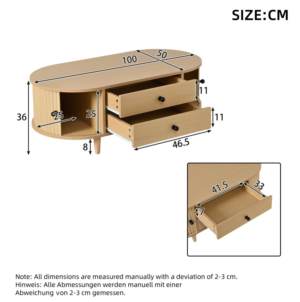 Tavolino da salotto 100x50x36 cm con ante scorrevoli e 2 cassetti in MDF naturale