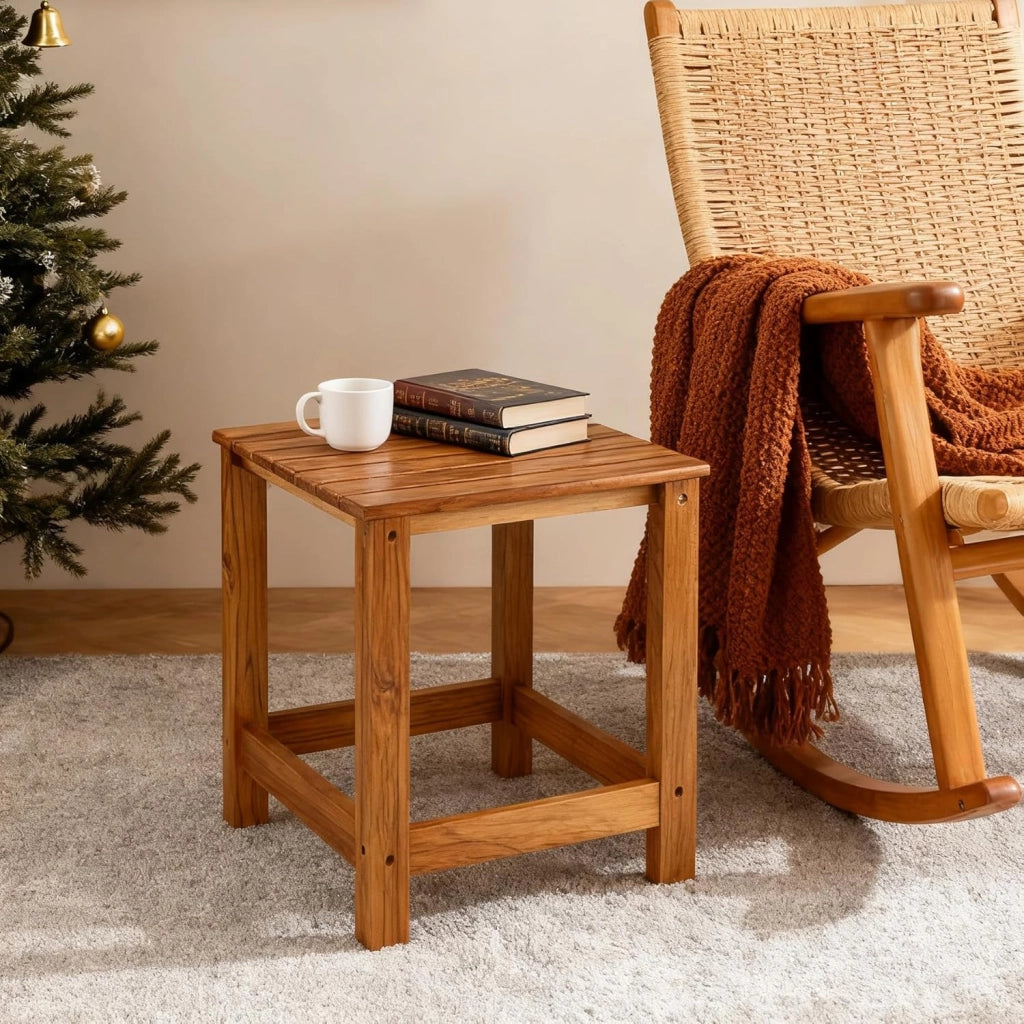 Tavolino da esterno in teak, tavolino da caffè in legno, tavolini per giardino, cortile, camera da letto, soggiorno, divano laterale, contenitore per bagno