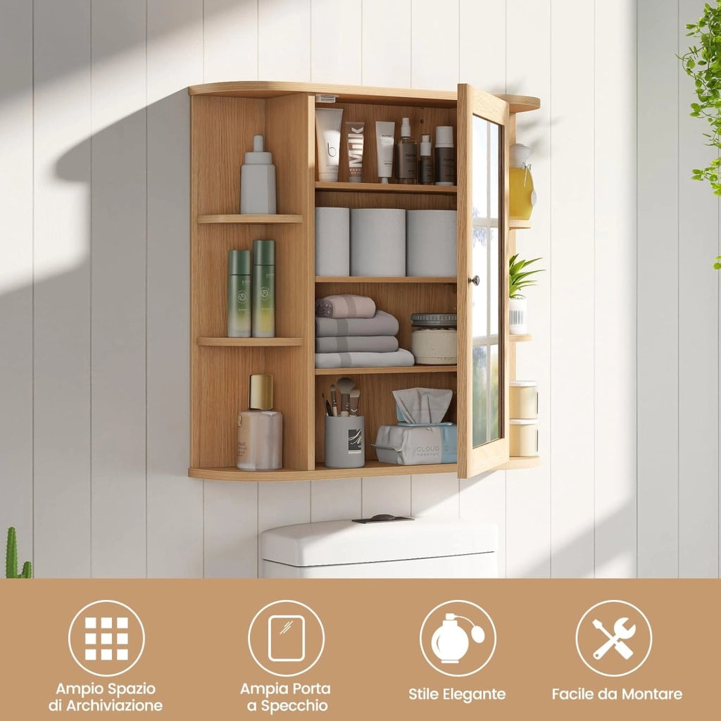 Specchio Bagno Contenitore 66 x 17 x 63 cm, Mobile bagno in Legno Appeso con Mensole Regolabili e Ante, Armadietto Multiuso dei Medicinali per Bagno, Salone e Cucina (Naturale)
