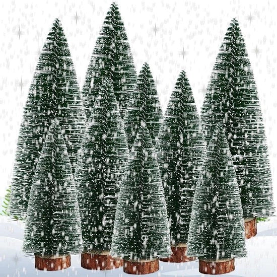 Set di decorazioni natalizie mini - 9 pezzi di spine verdi con effetto neve | 10/15/20 cm | Con piede in legno | Decorazioni natalizie DIY