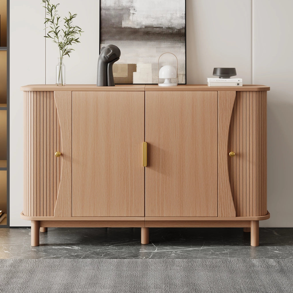 Credenza e madia con 2 ante scorrevoli e ripiano regolabile, per soggiorno, in MDF naturale, 140 × 40 × 88 cm