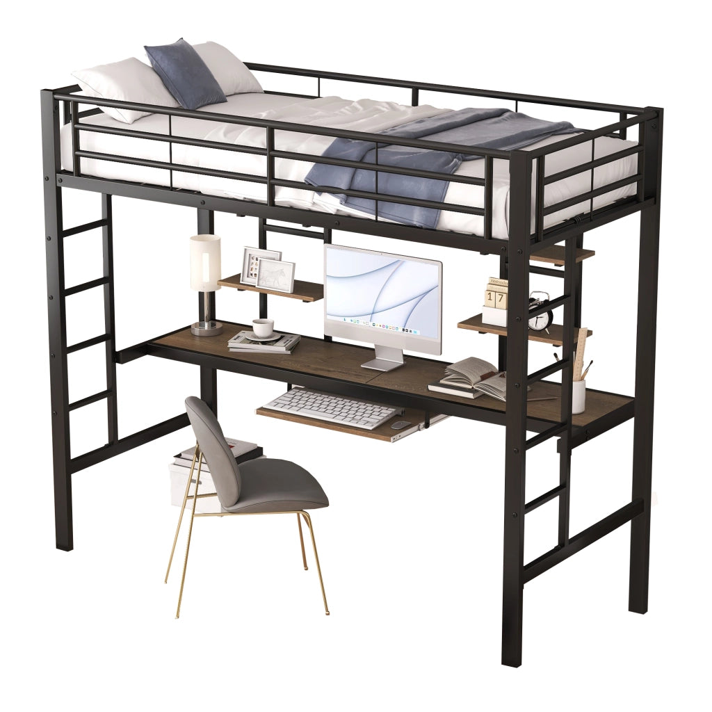 Letto a Soppalco Letto Singolo con Scrivania; 2 Scaffali e Ripiano; 90×200 cm; senza Materasso; Nero