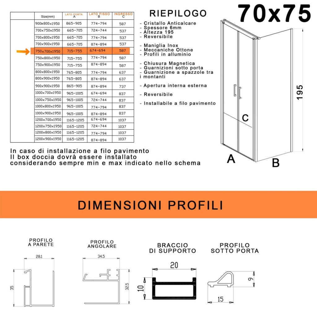 Box doccia due lati con porta saloon h195 6mm anticalcare dobla, misura 70x75