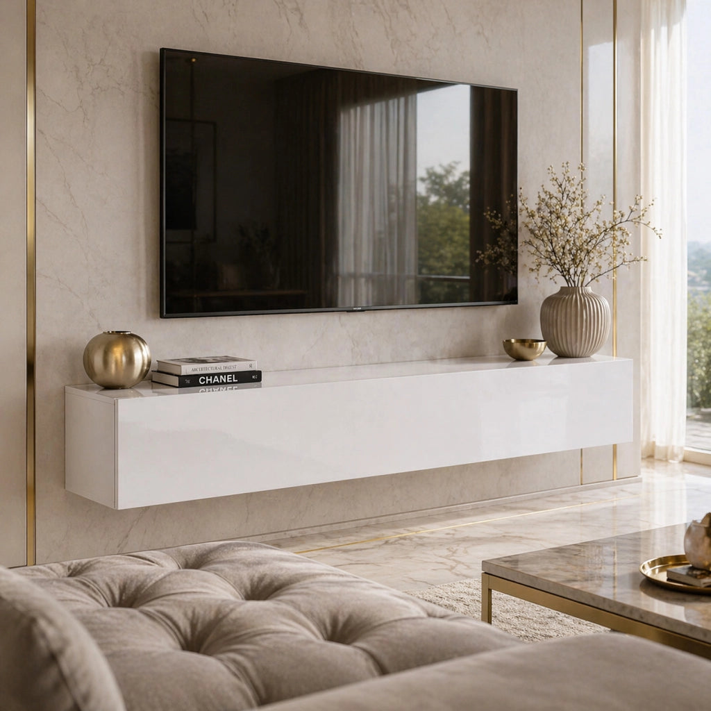 Mobile TV Sospeso Design Minimal Con 3 Vani Contenitore Anta A Ribalta Reversibile Frontale Lucido In Melaminico Per Soggiorno Salotto Zona Living 160 X 34 X 40 Cm Bianco