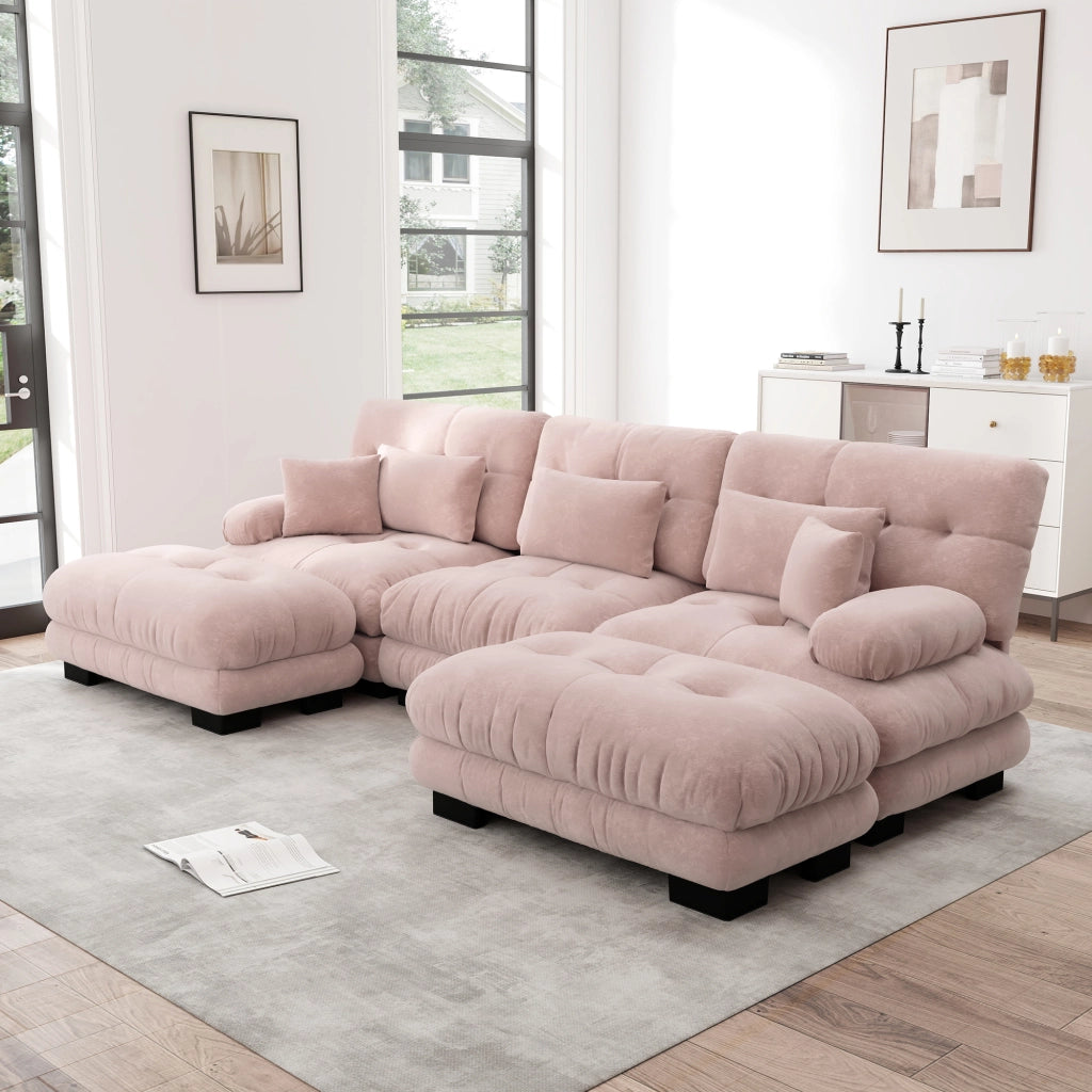 Divano angolare modulare a U con pouf, seduta profonda e cuscini, per soggiorno, in ciniglia rosa
