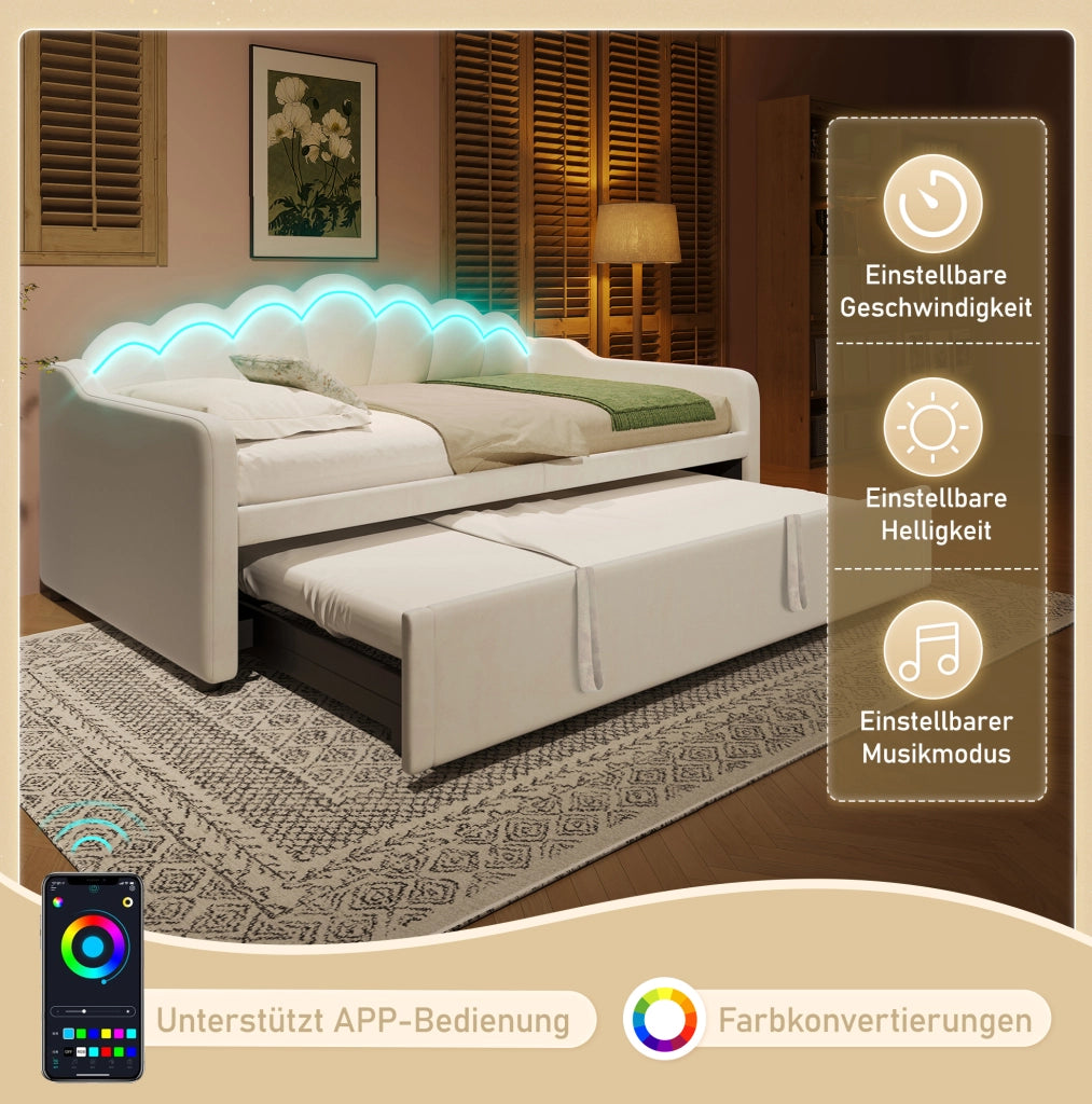 Letto estraibile in velluto beige 90x200 cm con LED