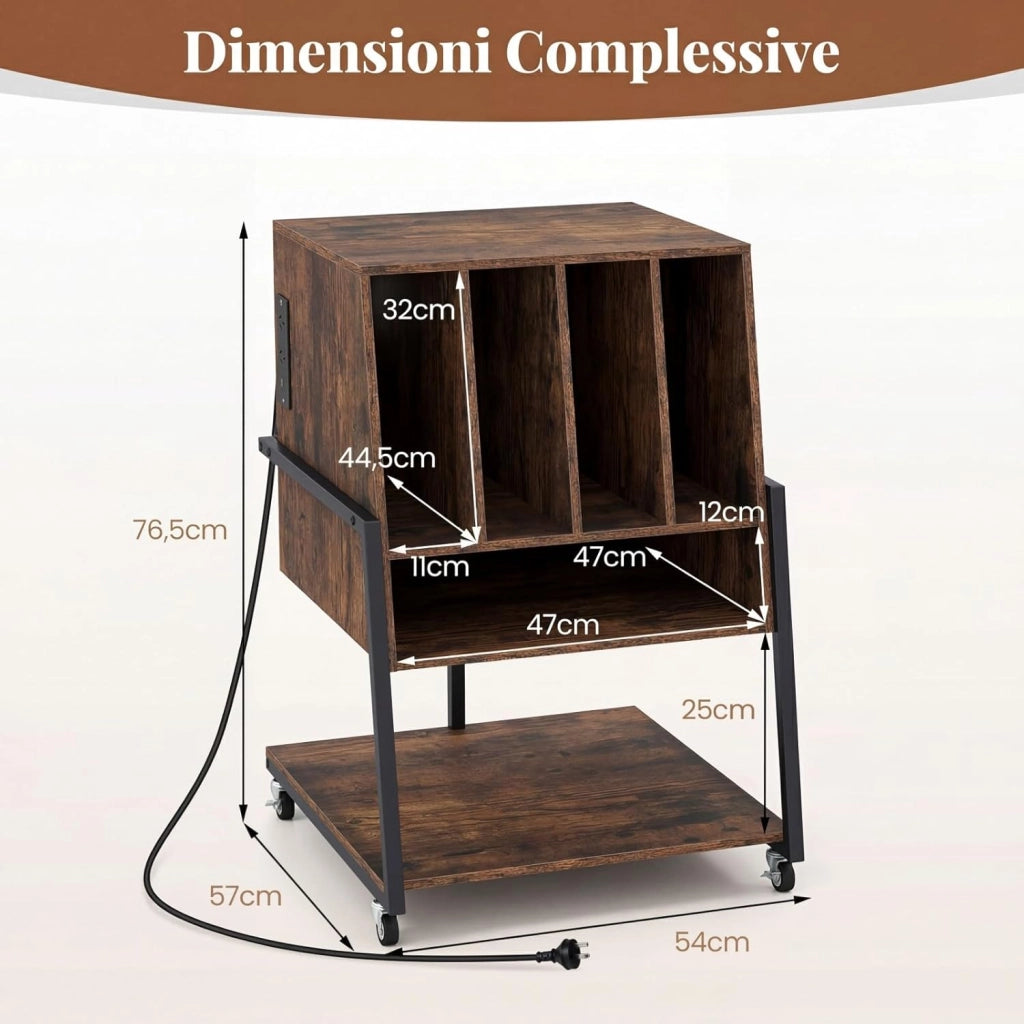 Supporto per Giradischi, Mobile Porta Giradischi con 4 Scomparti e Ripiani Aperti, Scaffale per Dischi in Legno con Ruote e Piedini Regolabili (Marrone Rustico, Con Presa di Corrente)