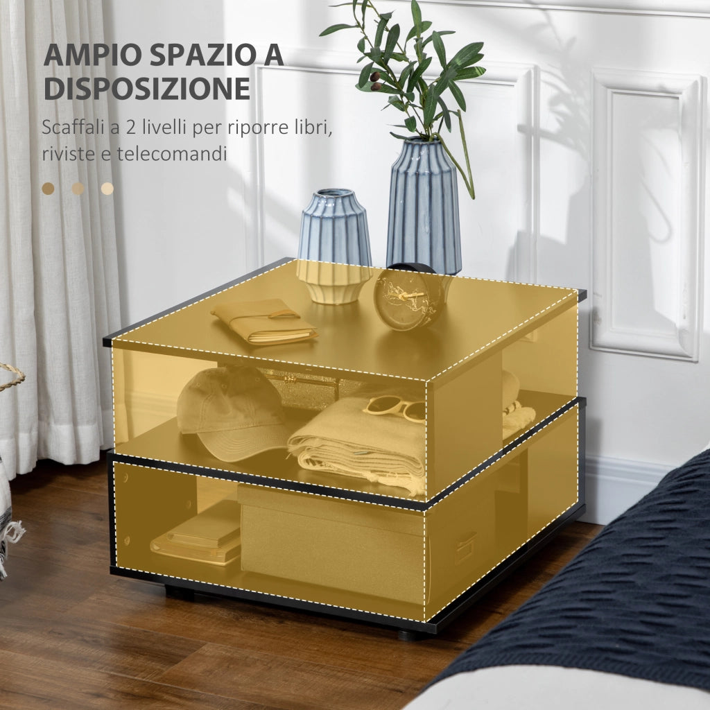 EasyComfort Tavolino da Caffè Asimmetrico in Legno con Ripiani e Piedini Regolabili, 60x60x45cm, Nero