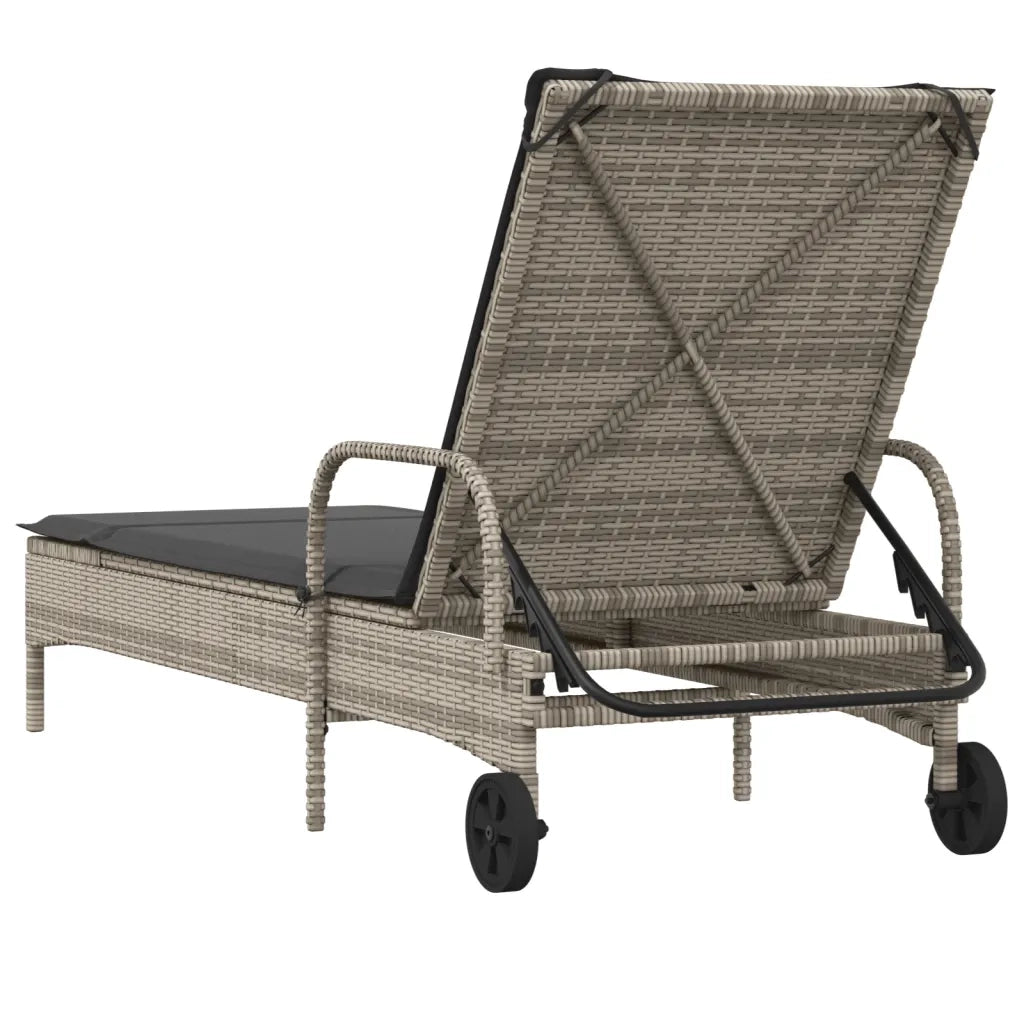 Lettino Prendisole | Sdraio da giardino | Lettino da sole con Ruote e Cuscino in Polyrattan Grigio